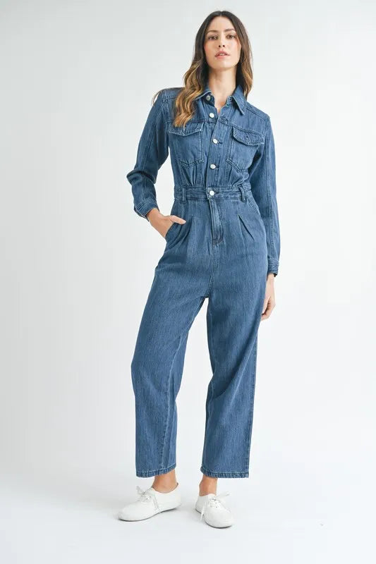MABLE Cinched Waist Straight Leg Denim Jumpsuit Jumpsuits