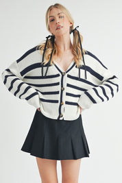 Aemi + Co Striped V-Neck Button Down Cardigan White Navy