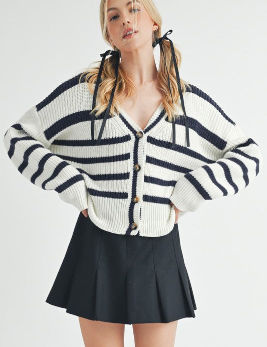 Aemi + Co Striped V-Neck Button Down Cardigan White Navy