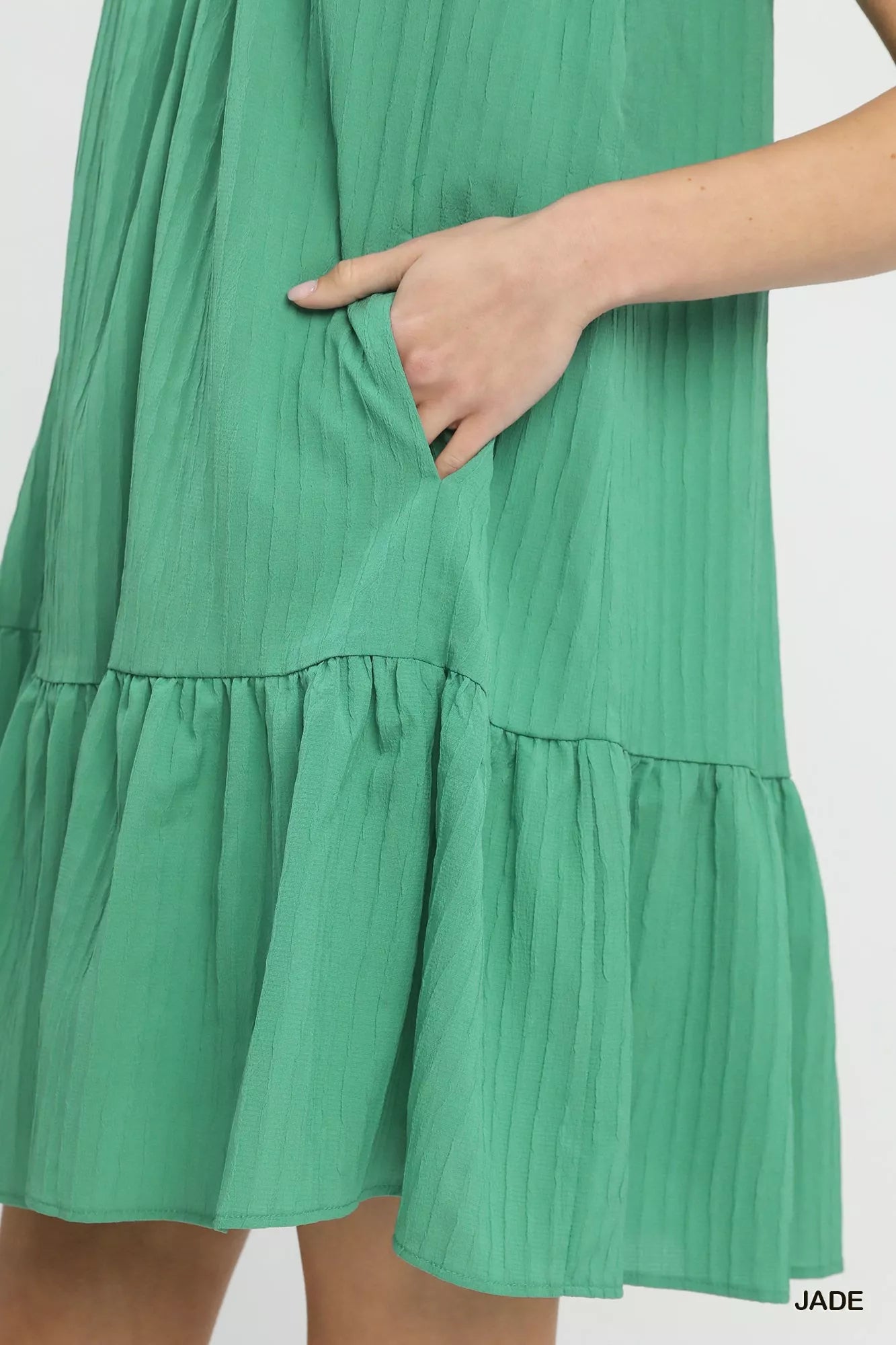 Umgee Flutter Sleeve Tiered Dress in jade green ribbed fabric with ruffles