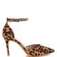 Tan and black leopard-print suede stiletto heel sandal with ankle strap