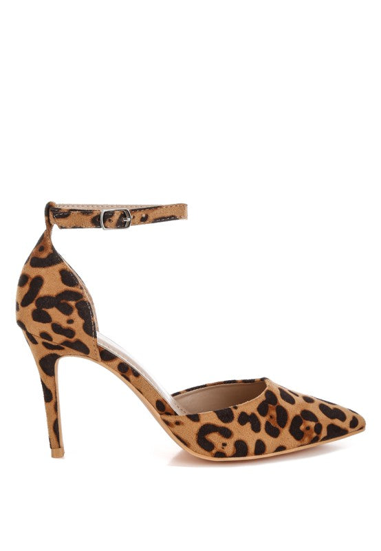 Tan and black leopard-print suede stiletto heel sandal with ankle strap