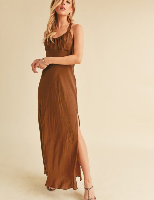 Aemi + Co Brown Ruched Side Slit Cutout Back Maxi Cami Dress Cami Dresses