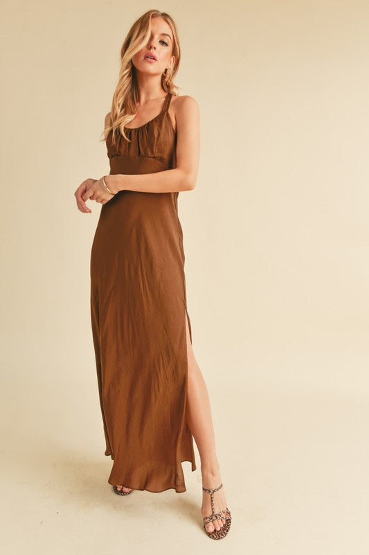 Aemi + Co Brown Ruched Side Slit Cutout Back Maxi Cami Dress Cami Dresses