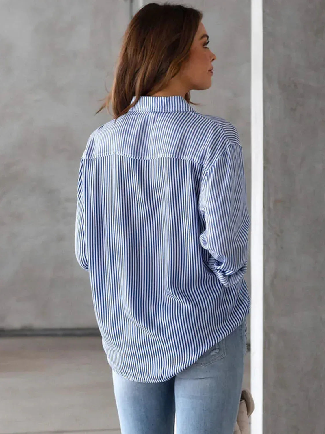 Lovelet Striped Collared Neck Shirt with Pocket - DAVERRI FASHIONS