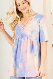 Heimish Full Size Crisscross Tie Dye Babydoll Top Plus Size