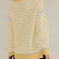 Cozy striped round neck long sleeve sweater in yellow, white, lavender trim
