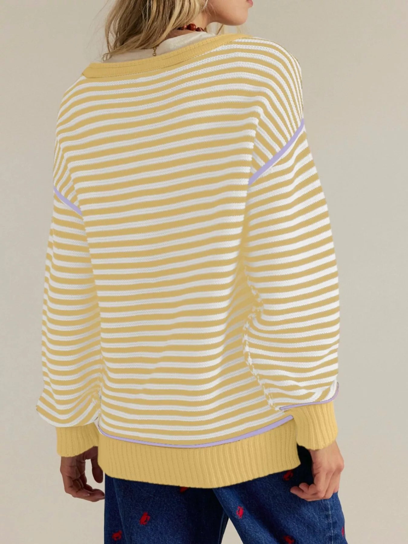 Cozy striped round neck long sleeve sweater in yellow, white, lavender trim