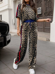 Leopard Round Neck Top and Pants Two-Piece Set | Loungewear Sets Daverri Fashions