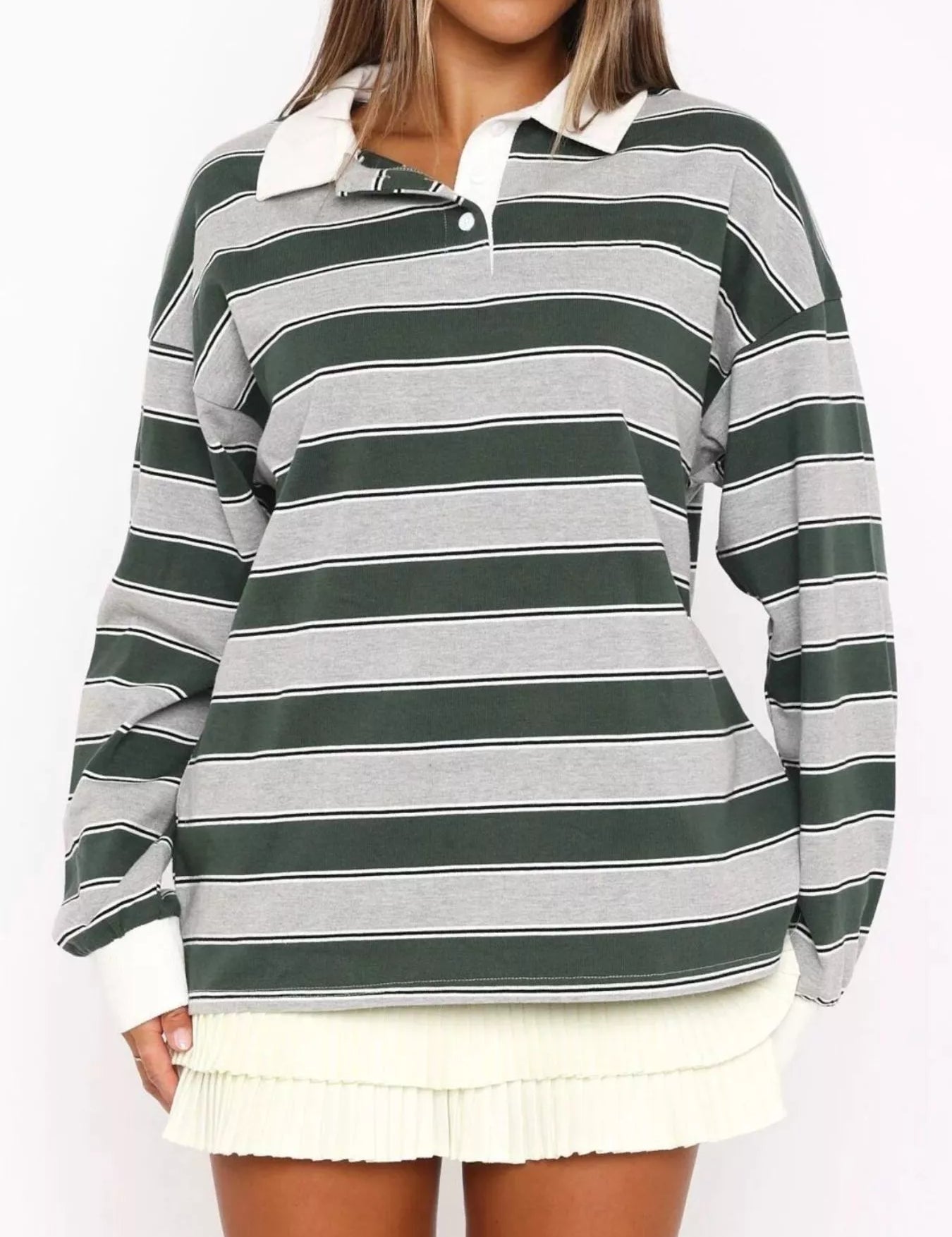 Dark Green Striped Button Detail Long Sleeve Polo | Tops Daverri Fashions