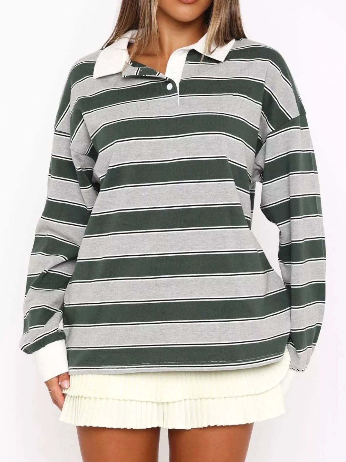 Dark Green Striped Button Detail Long Sleeve Polo | Tops Daverri Fashions
