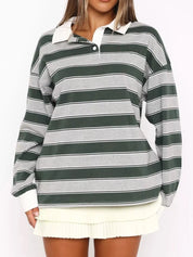 Dark Green Striped Button Detail Long Sleeve Polo | Tops Daverri Fashions