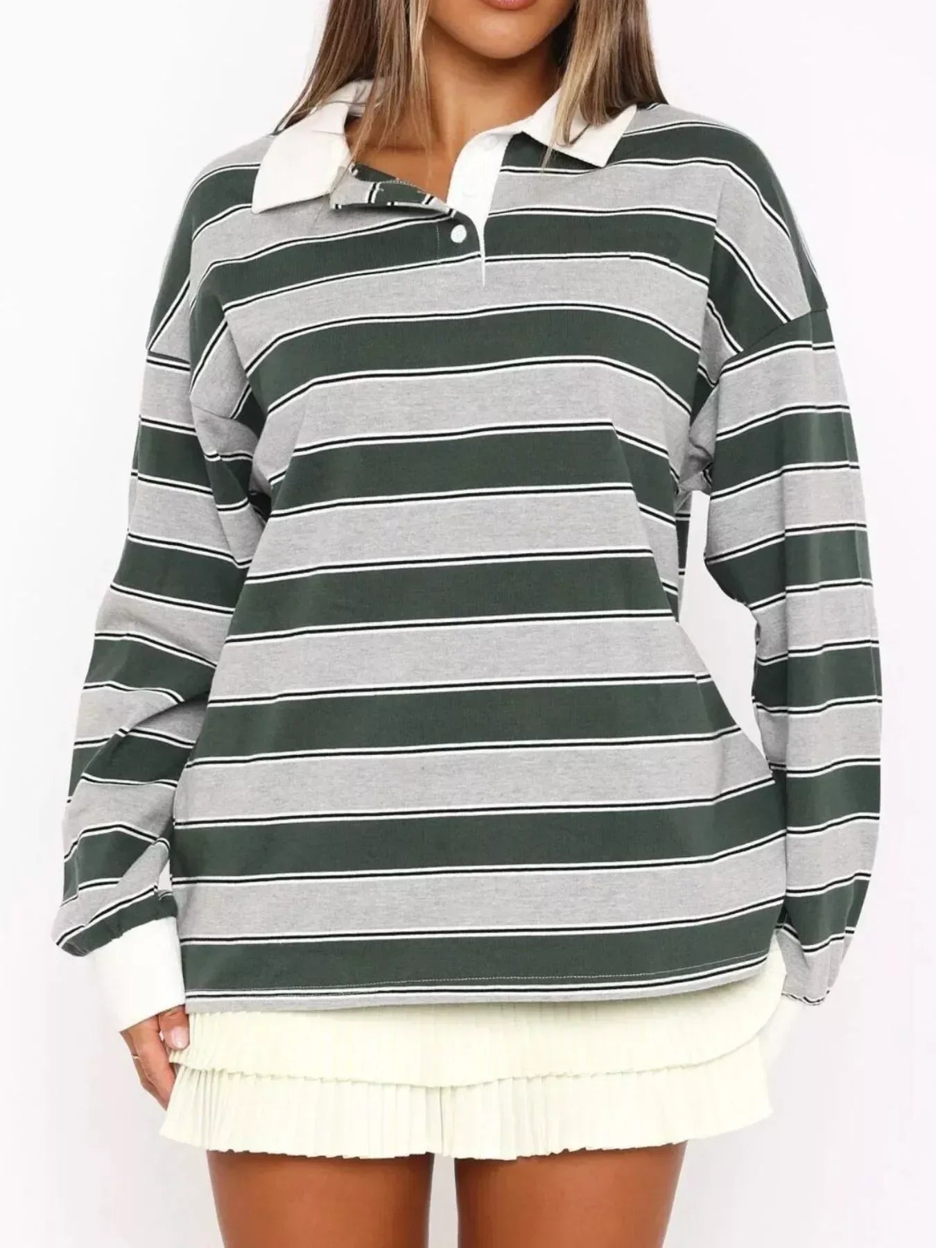 Striped Button Detail Long Sleeve Polo - DAVERRI FASHIONS