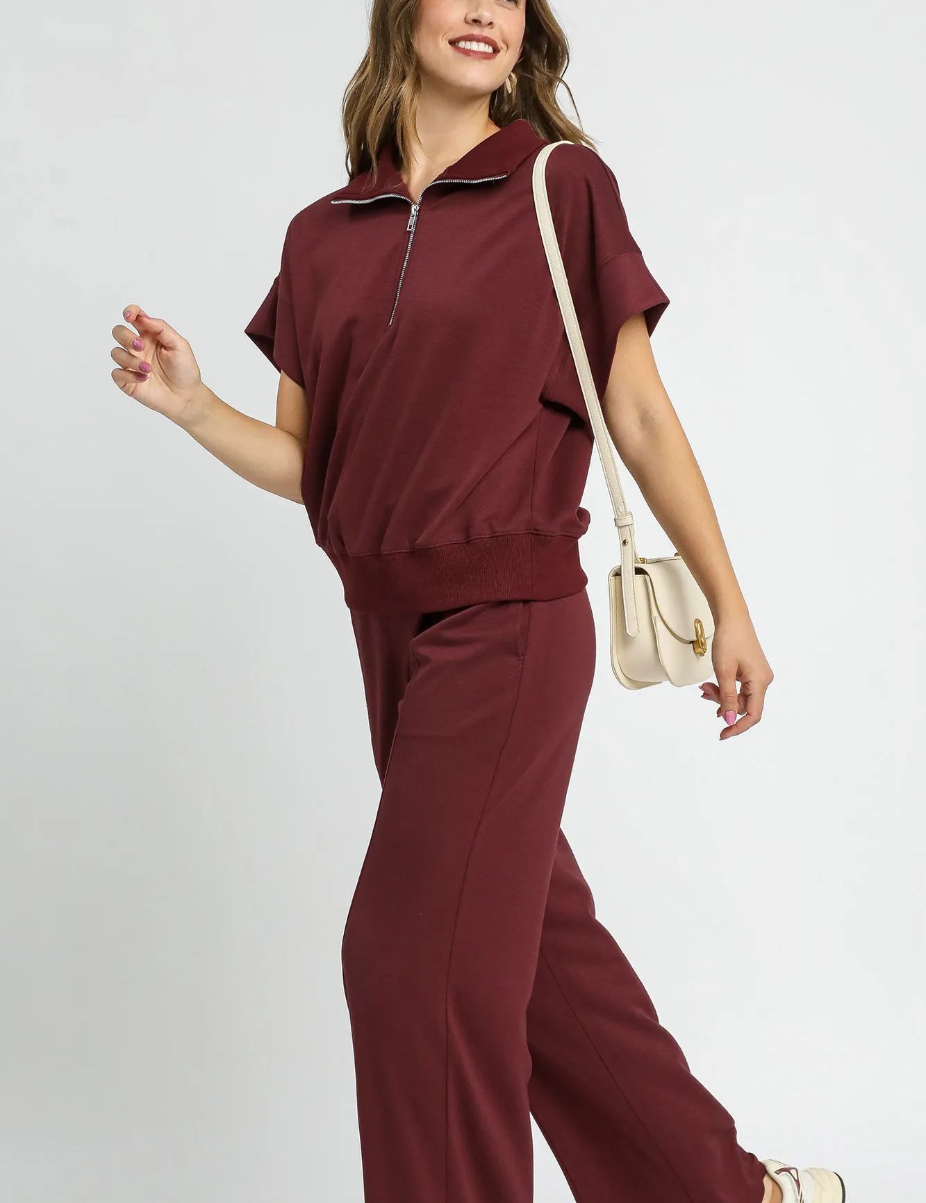 Umgee Full Size Half-Zip Short Sleeve Top Plus Size | Tops Daverri Fashions