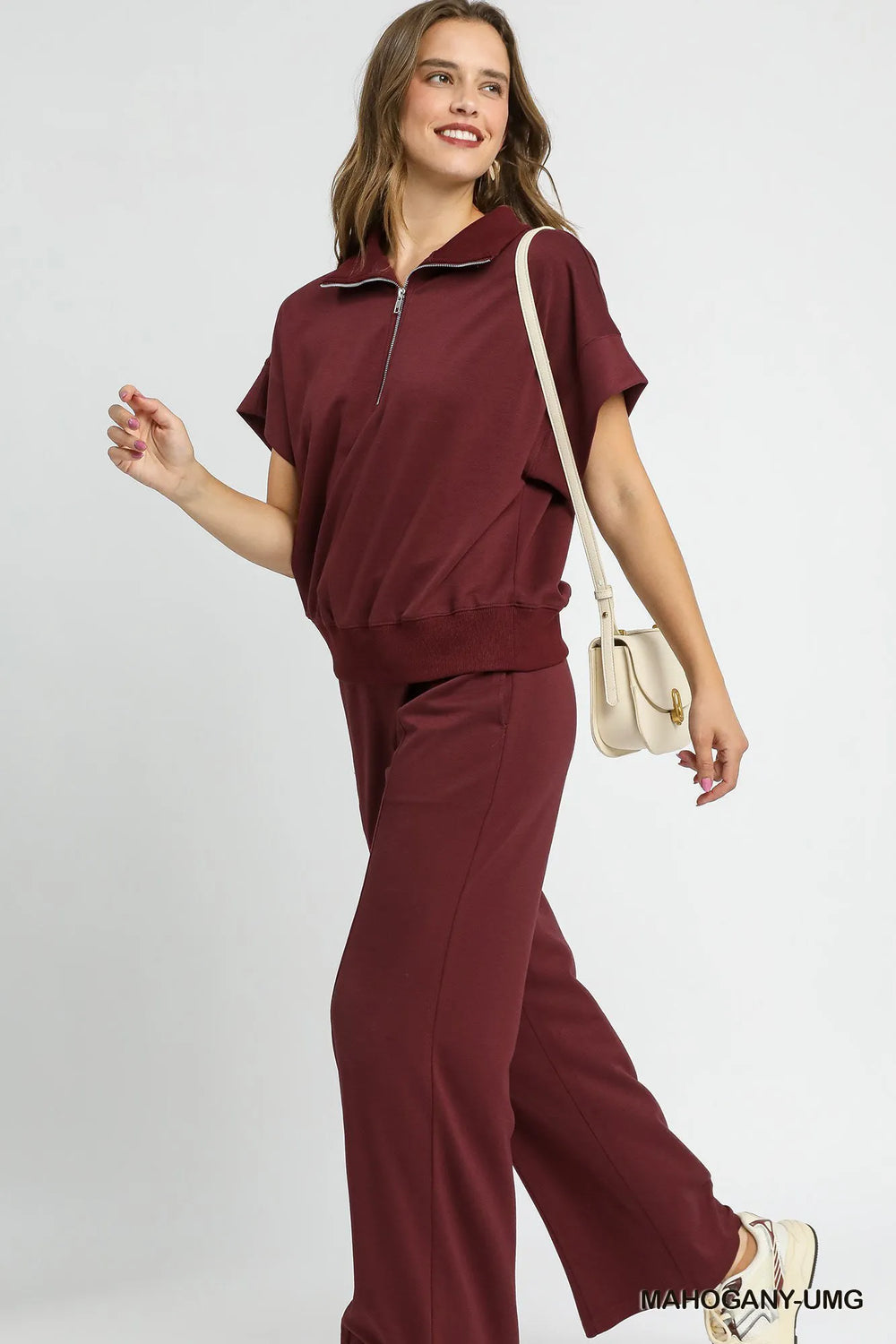 Umgee Full Size Half-Zip Short Sleeve Top Plus Size Tops