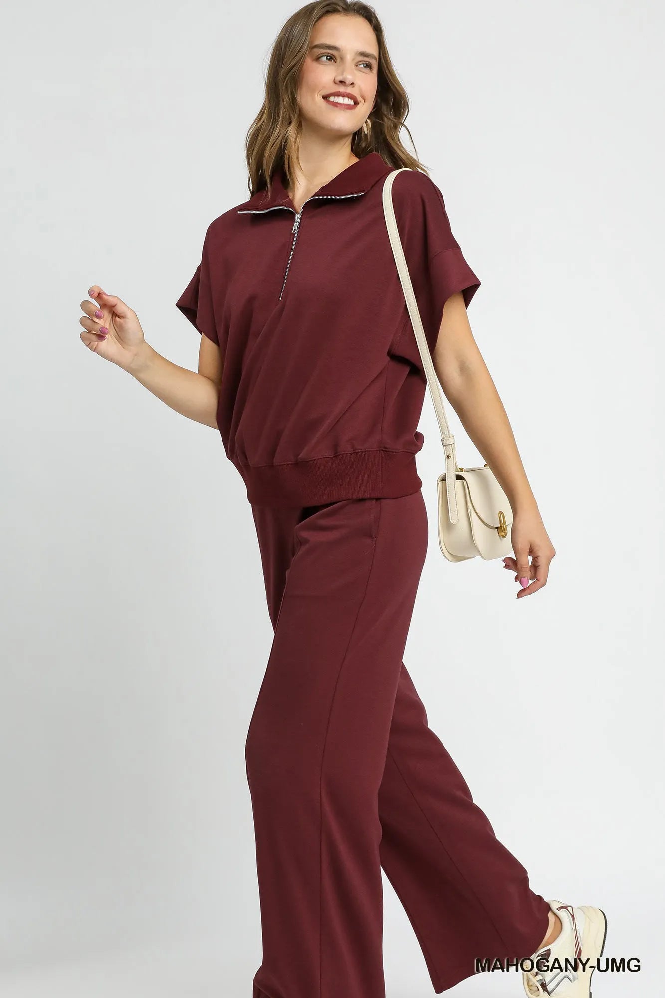 Umgee Full Size Half-Zip Short Sleeve Top Plus Size Tops