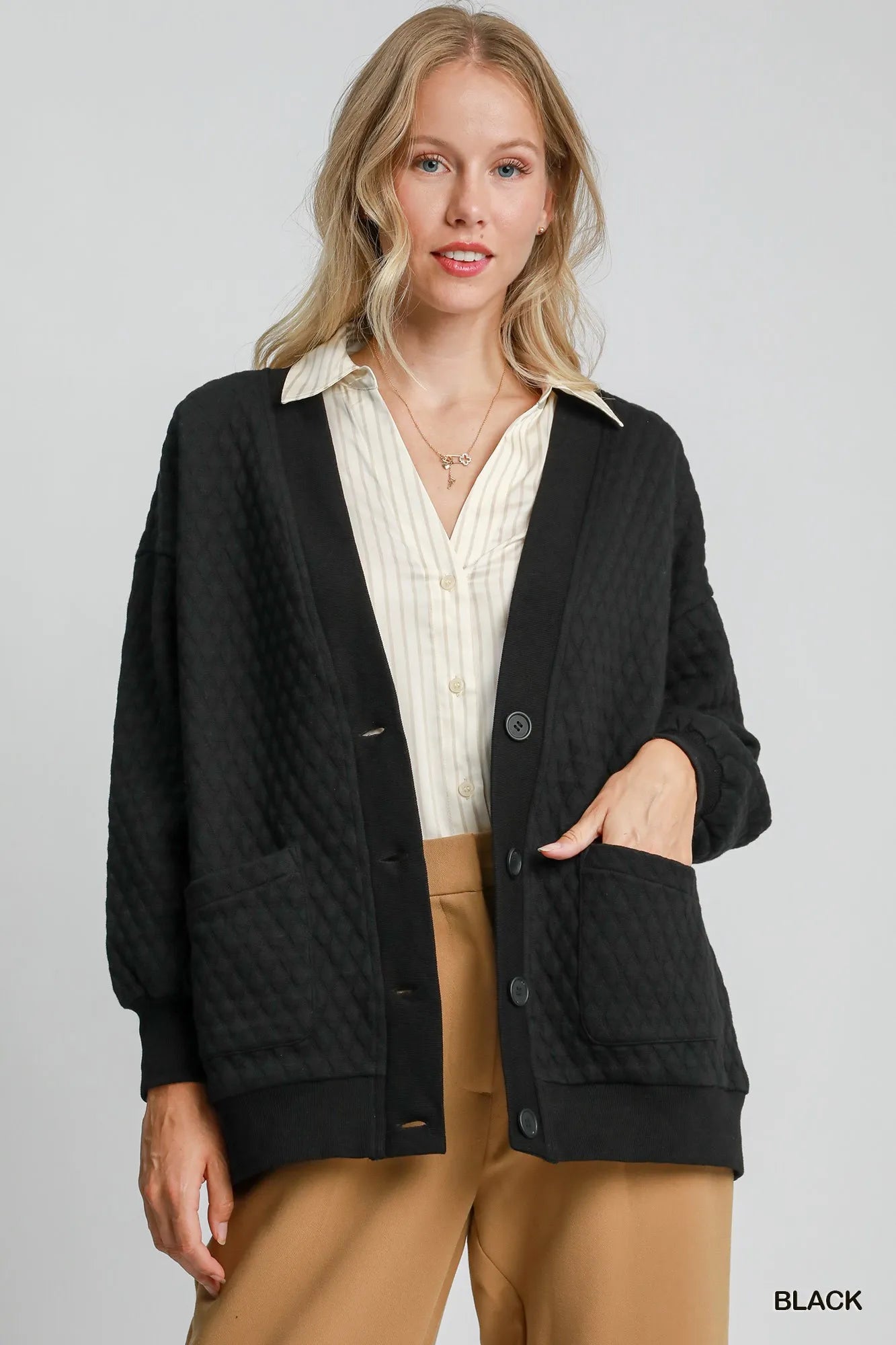 Umgee Button-Up Jacquard Cardigan Black Cardigans