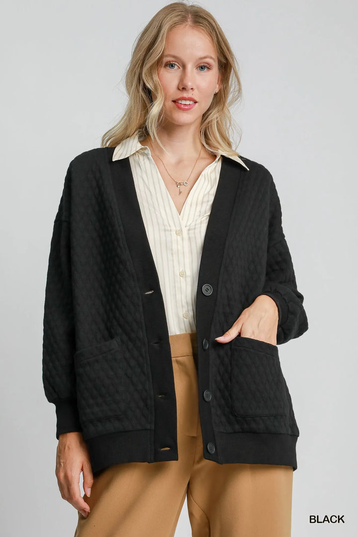 Umgee Button-Up Jacquard Cardigan Black Cardigans
