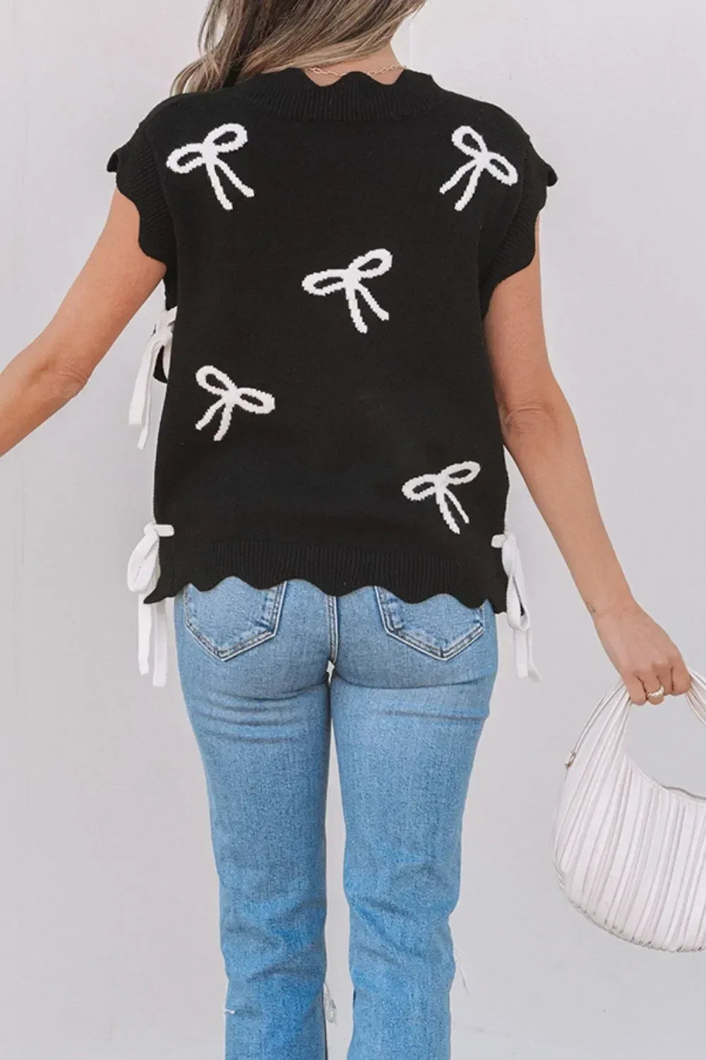 Bow Side Ties Scalloped Hem Cap Sleeve Sweater - DAVERRI FASHIONS