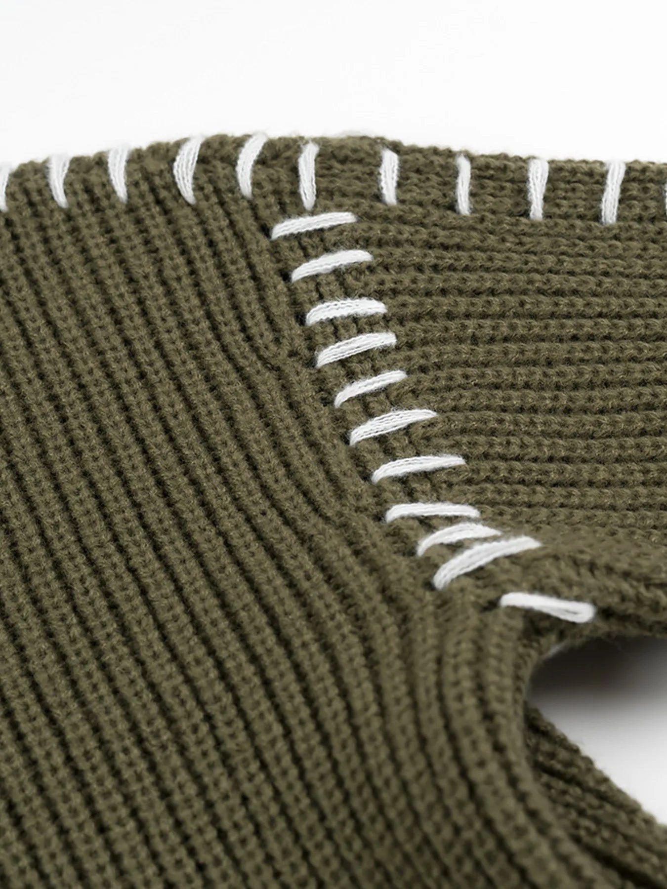 Olive green ribbed knit sweater with white contrast stitching