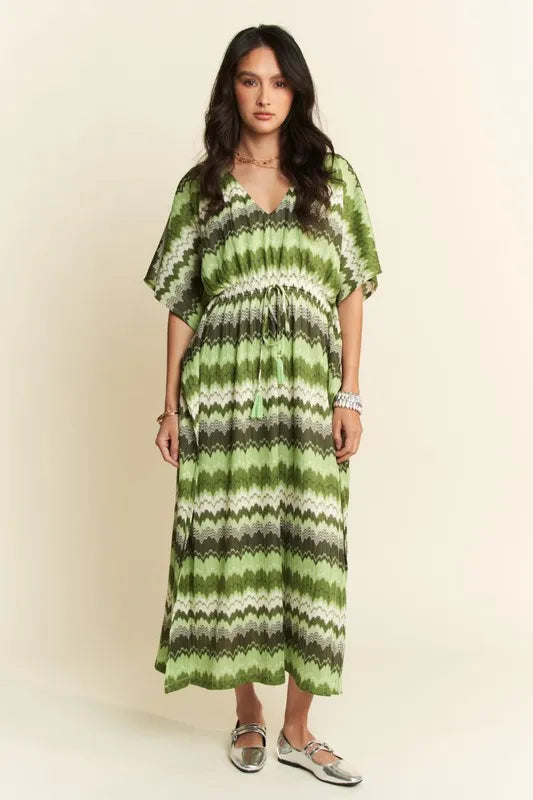 Davi & Dani Multi Color Wavy Tie Waist Flowy Sleeve Dress
