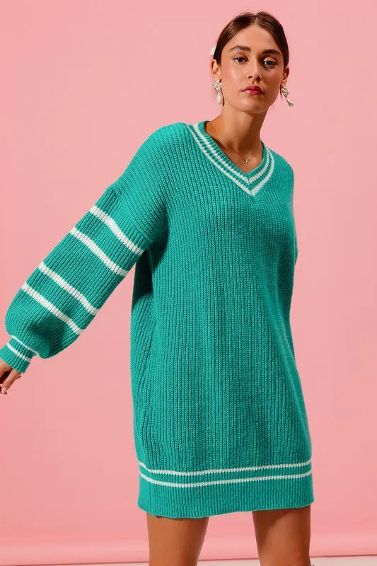SO ME Loose V Neck Sweater Dress with Striped Sleeves