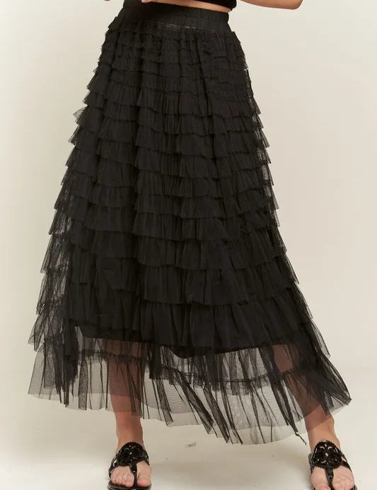 Black ADORA Elastic Waist Layered Mesh Midi Skirt | Skirts Daverri Fashions