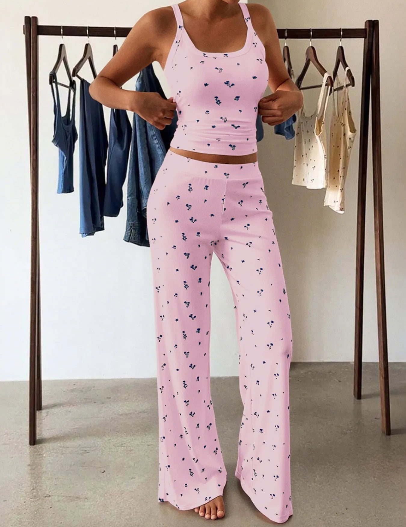 Pink Floral Ribbed Cami and Wide Leg Pants Set | Loungewear Sets Daverri Fashions