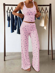 Pink Floral Ribbed Cami and Wide Leg Pants Set | Loungewear Sets Daverri Fashions