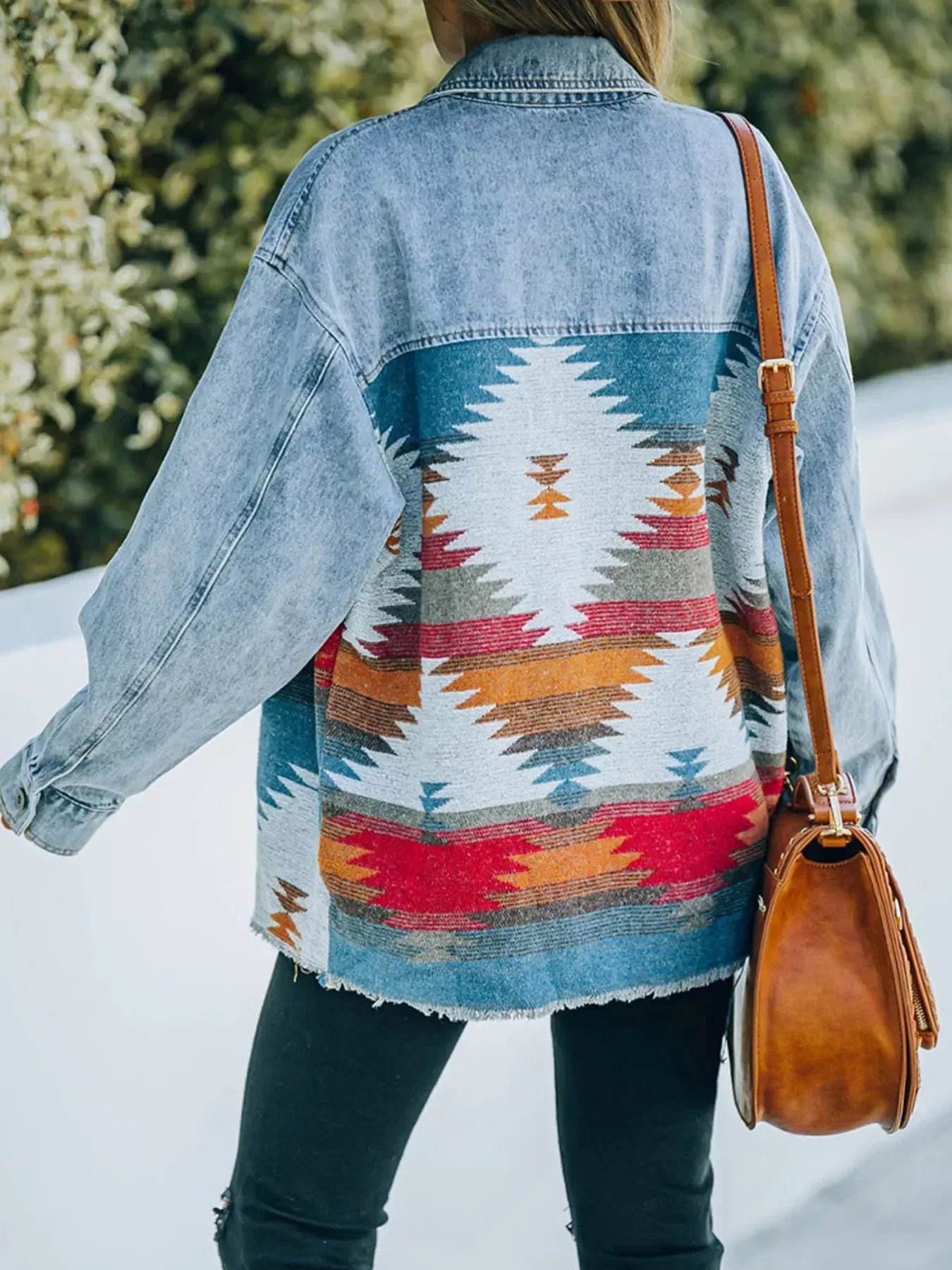 Printed Botton Down Long Sleeve Denim Jacket - DAVERRI FASHIONS