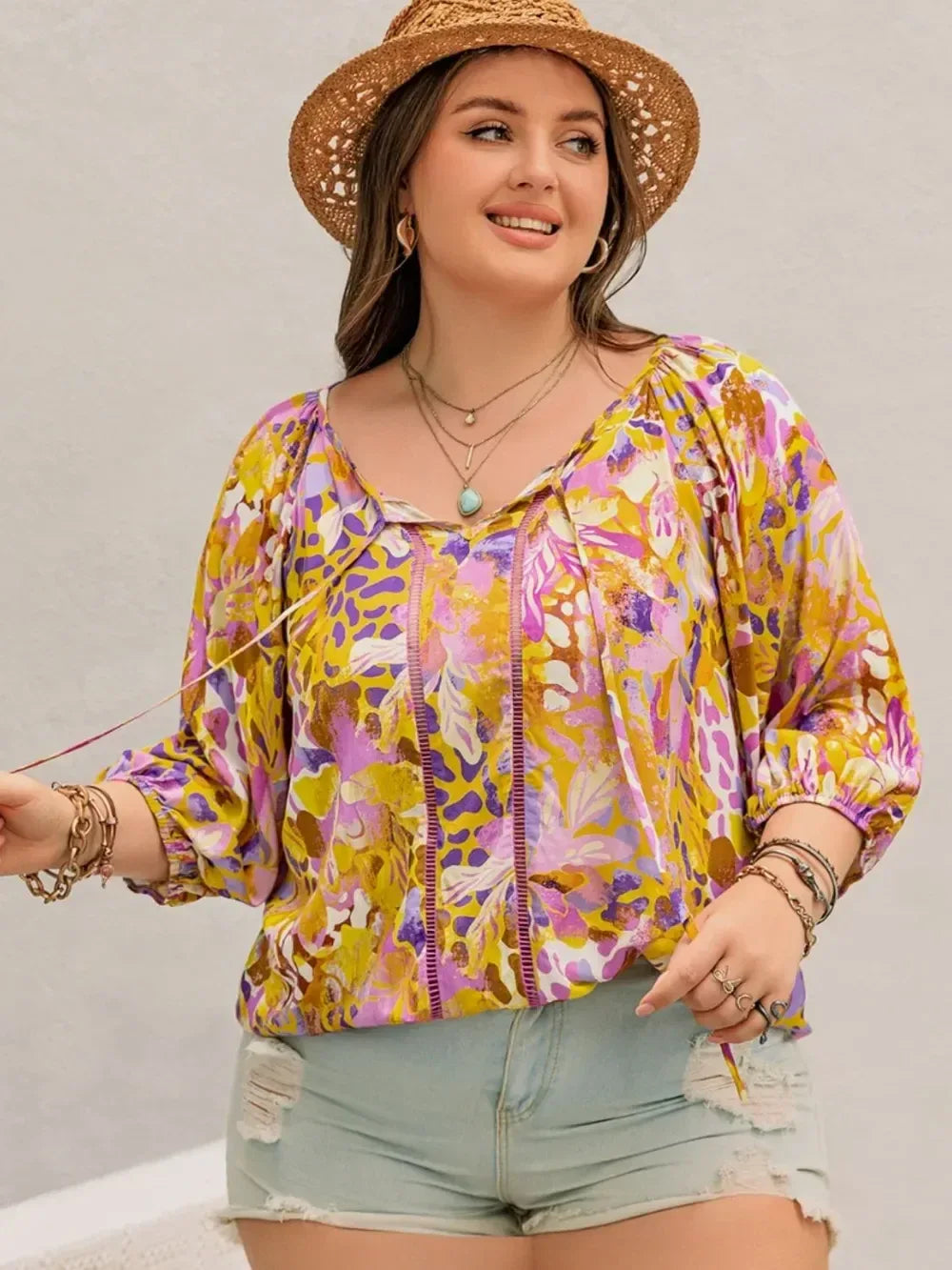 Plus Size Printed Tie Neck Blouse - DAVERRI FASHIONS