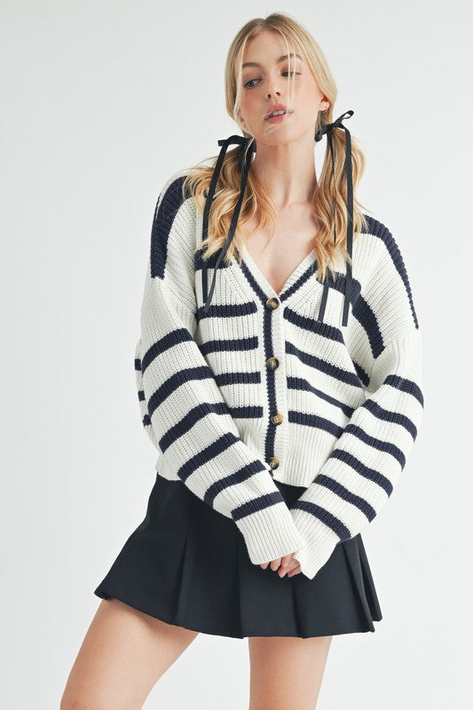 Aemi + Co Striped V-Neck Button Down Cardigan