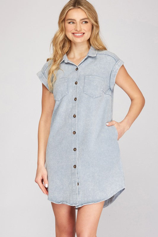 She + Sky Full Size Folded Cuff Button Down Washed Twill Shirt Dress Plus Size Blue Grey Mini Dresses