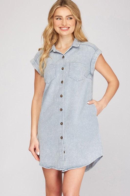 She + Sky Full Size Folded Cuff Button Down Washed Twill Shirt Dress Plus Size Blue Grey L Mini Dresses