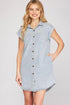 She + Sky Full Size Folded Cuff Button Down Washed Twill Shirt Dress Plus Size Blue Grey L Mini Dresses