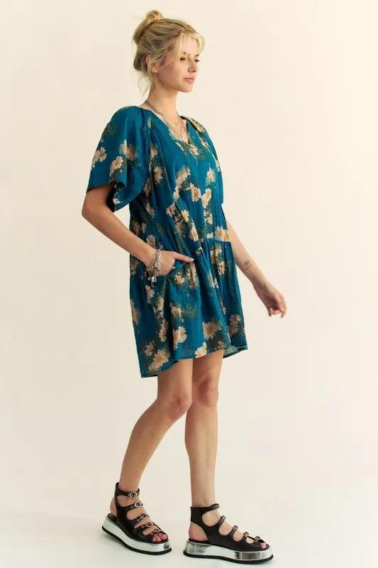 Davi & Dani Floral Print Short Bell Sleeve Pleated Mini Dress - DAVERRI FASHIONS