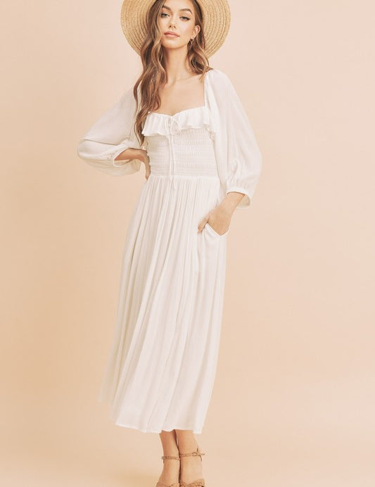 Aemi + Co Ruffled Smocked Square Neck Balloon Sleeve Dress