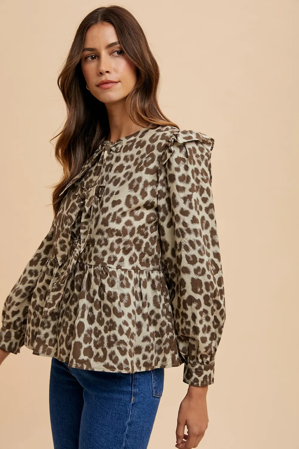 Annie Wear Tied Leopard Round Neck Peplum Blouse | Blouses Daverri Fashions