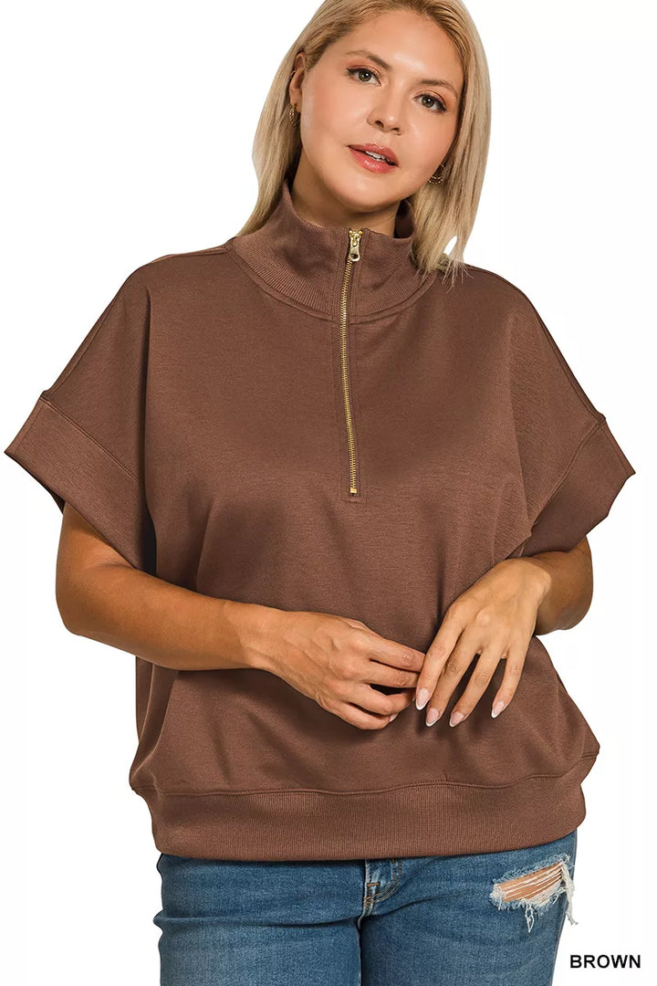 Zenana Full Size Scuba High Neck Half Zip Short Sleeve Top Plus Size | Daverri Fashions