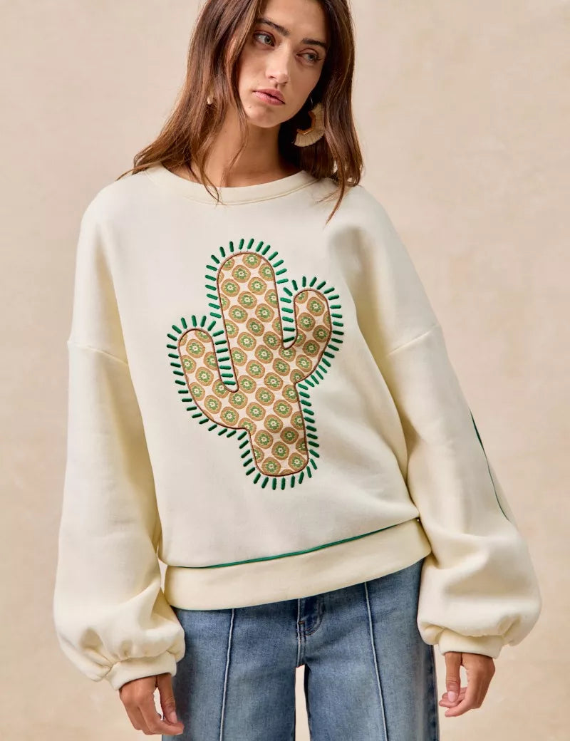 CREAM BiBi Cactus Embroidered Fleece Sweatshirt | Daverri Fashions