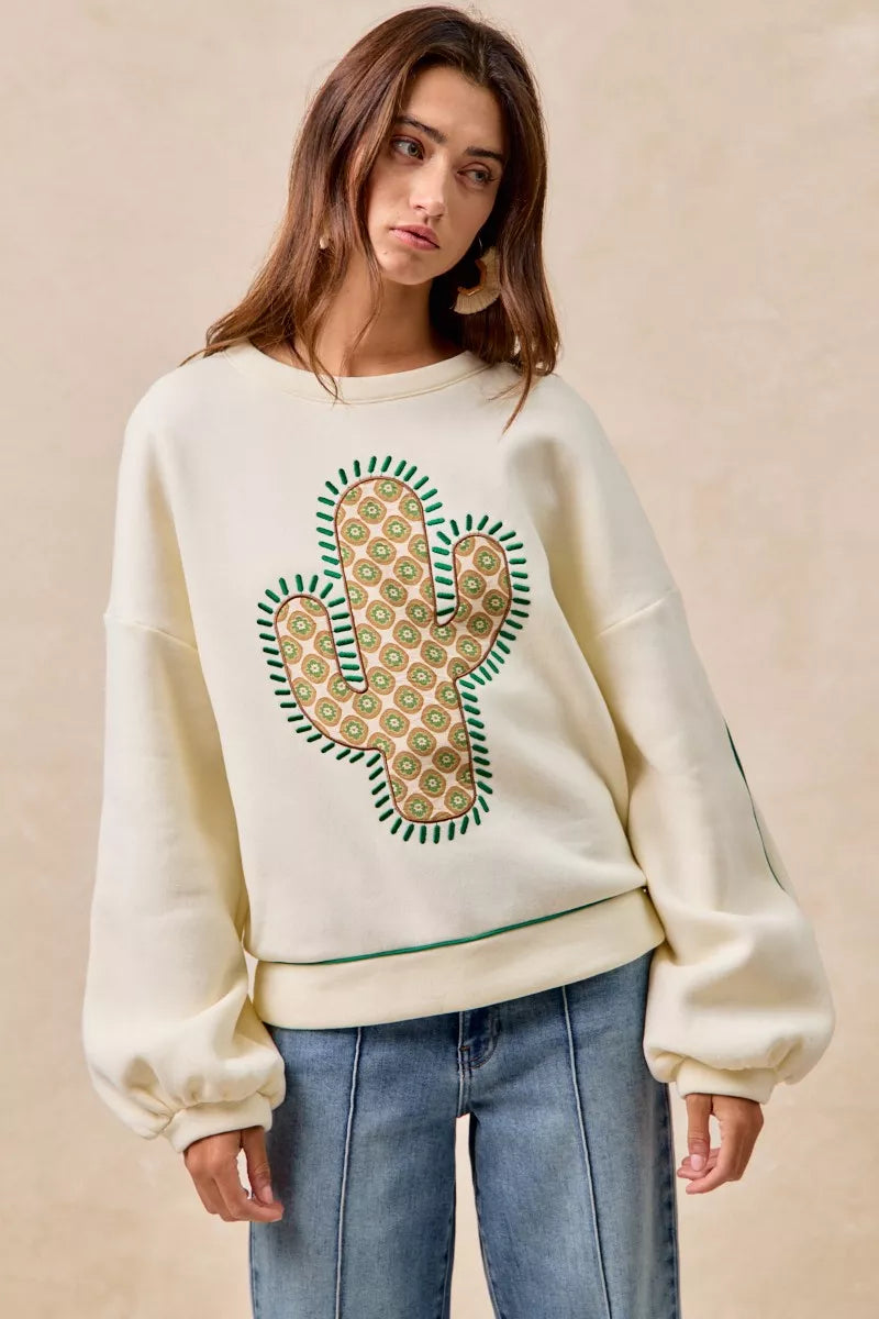 CREAM BiBi Cactus Embroidered Fleece Sweatshirt | Daverri Fashions