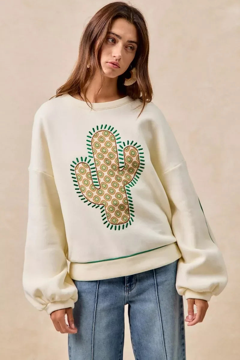 BiBi Cactus Embroidered Fleece Sweatshirt - DAVERRI FASHIONS