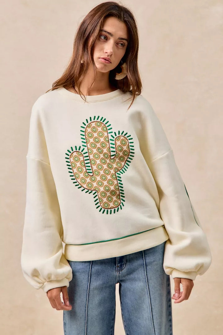 CREAM BiBi Cactus Embroidered Fleece Sweatshirt | Daverri Fashions