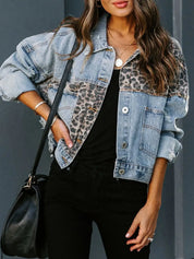 Distressed Leopard Drop Shoulder Denim Jacket | Denim Jackets Daverri Fashions