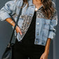 Distressed Leopard Drop Shoulder Denim Jacket - DAVERRI FASHIONS
