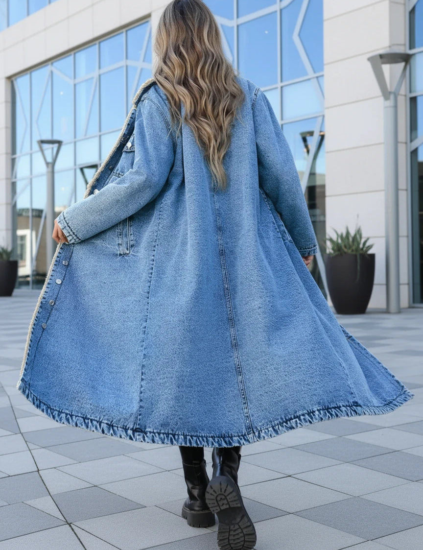 Sherpa-lined longline denim jacket with frayed edges and oversized fit