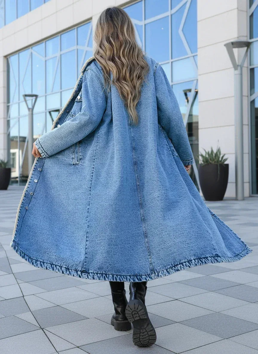 Daverri Fashions Sherpa Lined Longline Denim Jacket - DAVERRI FASHIONS