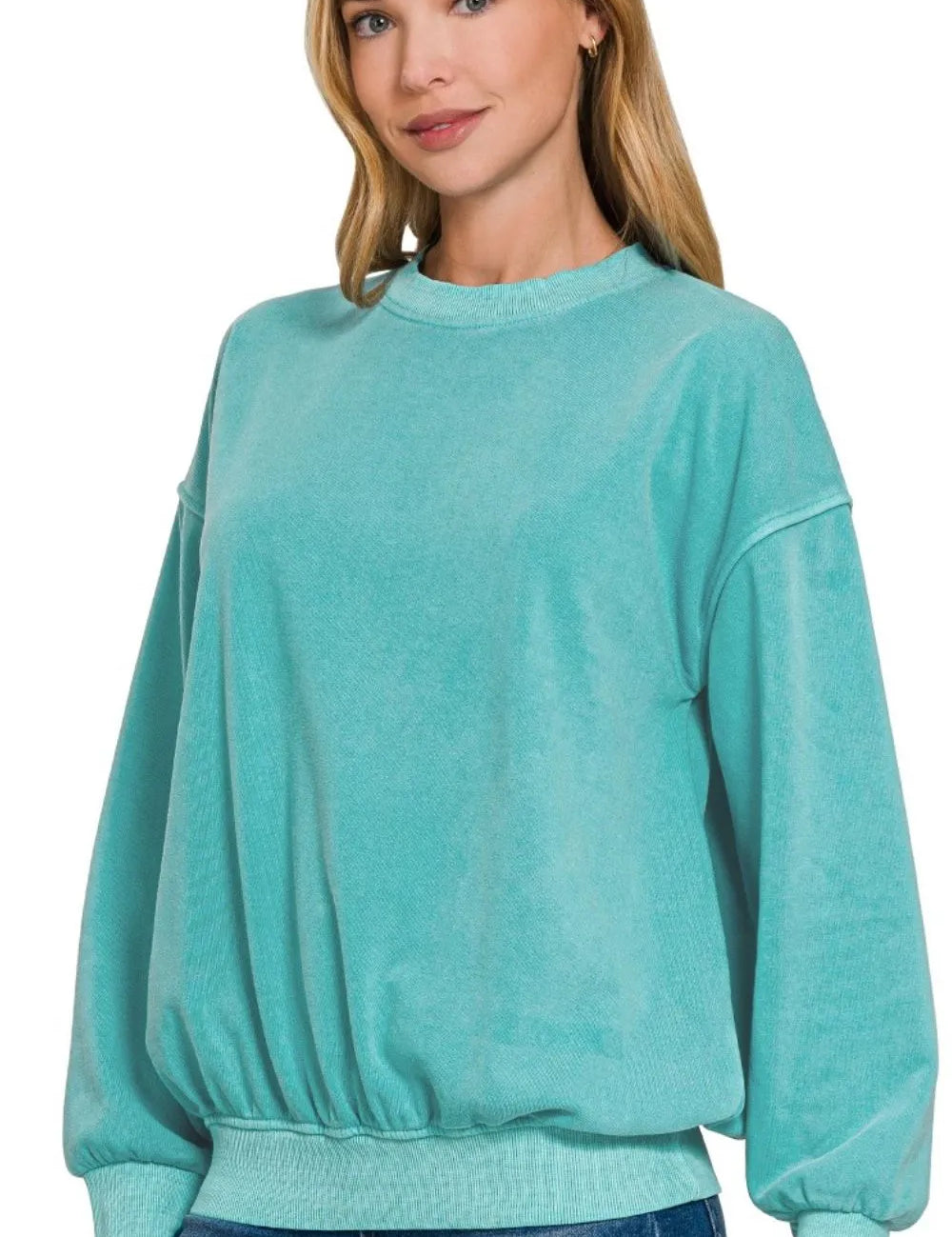 LT TEAL Zenana Soft Fleece Pigment Dye Round-neck Sweatshirts | Sweatshirts Daverri Fashions