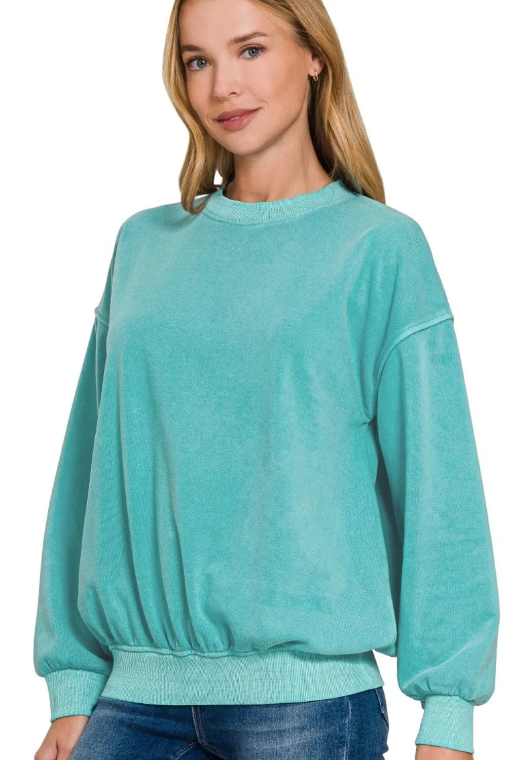 Zenana Soft Fleece Pigment Dye Round-neck Sweatshirts LT TEAL