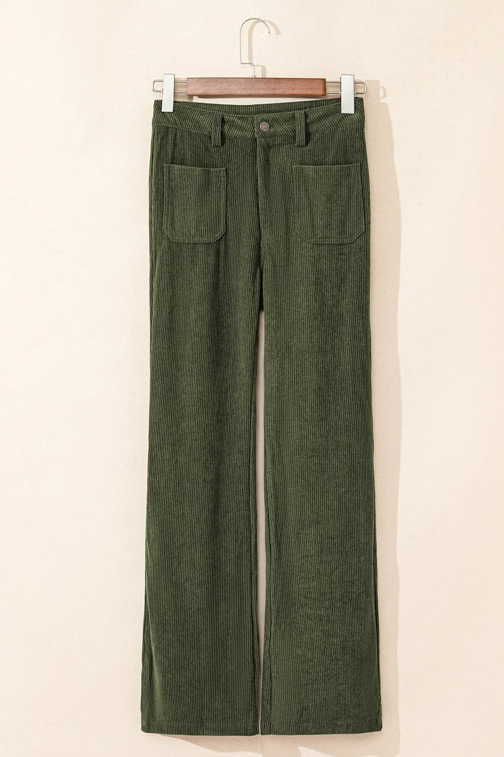 Womens high-waist olive green corduroy wide-leg pants with square front pockets